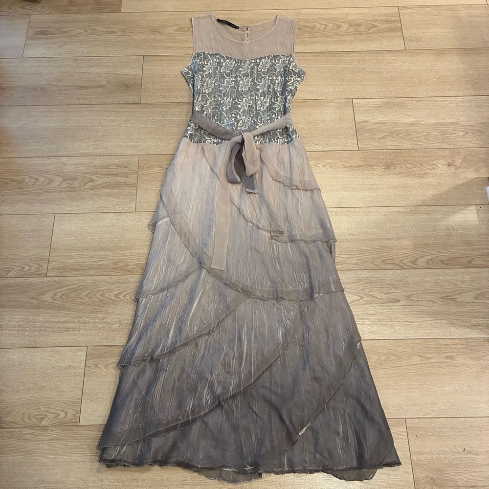 Komarov Taupe Chiffon Ombre Dress with Silver Lace Bodice